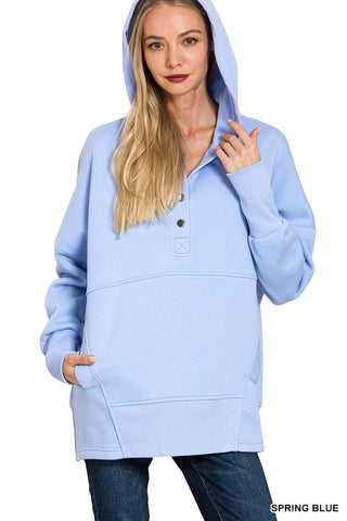 Zenana Snap Button Hoodie Pullover – Soft Fleece Casual Hoodie - Spring Blue