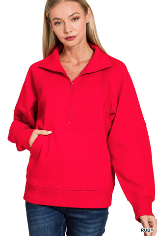 Zenana Half Zip Pullover Hoodie – Cozy Casual Essential - Ruby