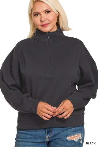 Zenana Quarter Zip Pullover Sweatshirt - Black