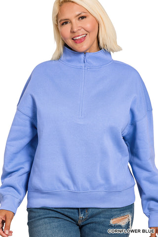 Zenana Quarter Zip Pullover Sweatshirt - Cornflower Blue
