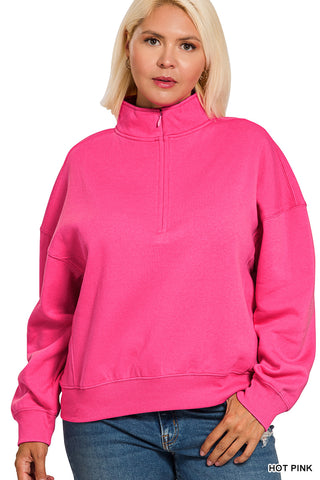 Zenana Quarter Zip Pullover Sweatshirt - Hot Pink