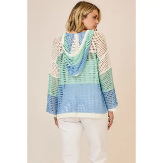 Cozy Co - Sea Glass Open Knit Color Block Hood Sweater