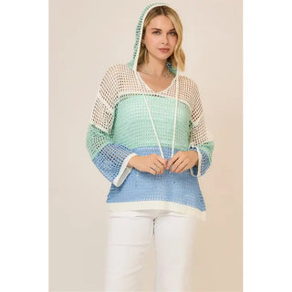 Cozy Co - Sea Glass Open Knit Color Block Hood Sweater