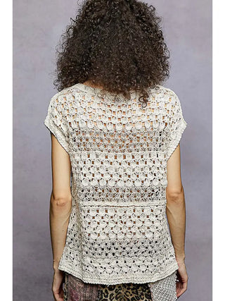 POL - Natural Round Neck Sleeveless Striped Crochet Top