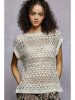 POL - Natural Round Neck Sleeveless Striped Crochet Top