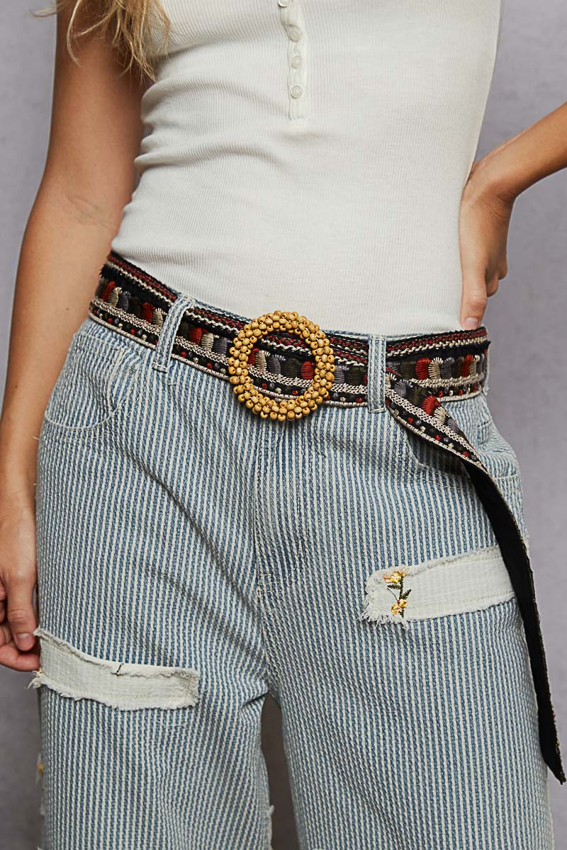 POL Embroidered Beaded Buckle Belt