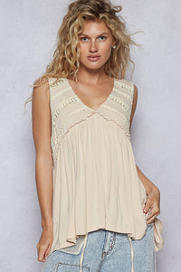 POL Sleeveless Loose Fit V-Neck Babydoll Casual Knit Top