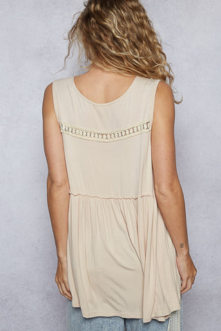POL Sleeveless Loose Fit V-Neck Babydoll Casual Knit Top - Almond