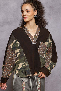 POL Long Sleeve Printed Contrast Thermal Hooded Knit Top