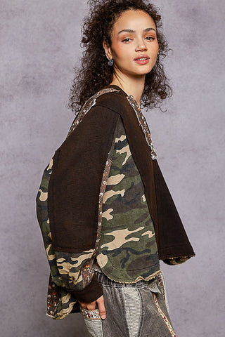 POL Long Sleeve Printed Contrast Thermal Hooded Knit Top