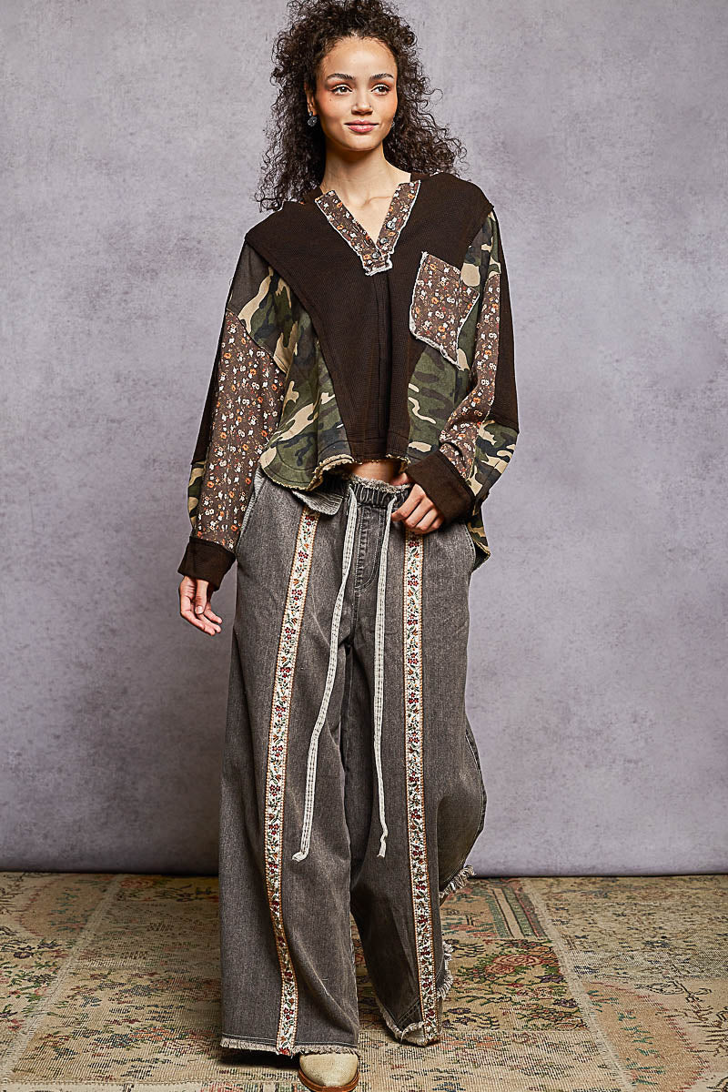 POL Long Sleeve Printed Contrast Thermal Hooded Knit Top