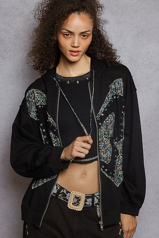 POL French Terry Stud Detail Floral Pattern Hoodie Knit Jacket