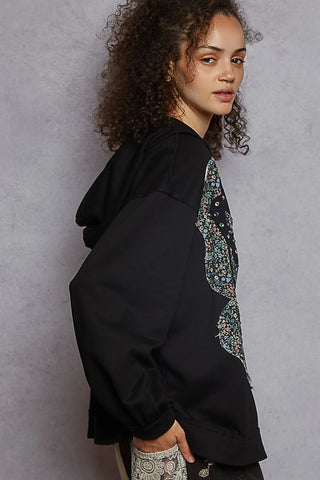 POL French Terry Stud Detail Floral Pattern Hoodie Knit Jacket