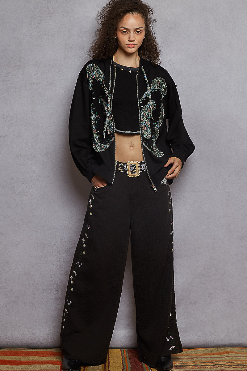 POL French Terry Stud Detail Floral Pattern Hoodie Knit Jacket
