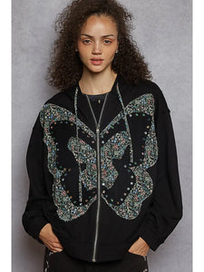 POL French Terry Stud Detail Floral Pattern Hoodie Knit Jacket