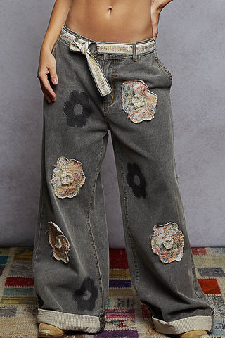 POL Floral Patchwork Rolled-Up Denim Straight Pants