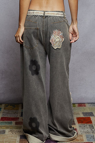 POL Floral Patchwork Rolled-Up Denim Straight Pants