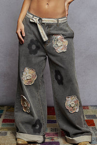 POL Floral Patchwork Rolled-Up Denim Straight Pants