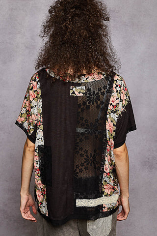 POL Round Neck Floral Knit Rib Top - Black