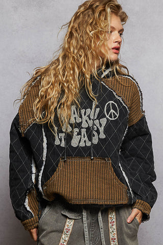 POL Vintage Washing Peace Quilted Woven Hoodie Top with Front Pocket