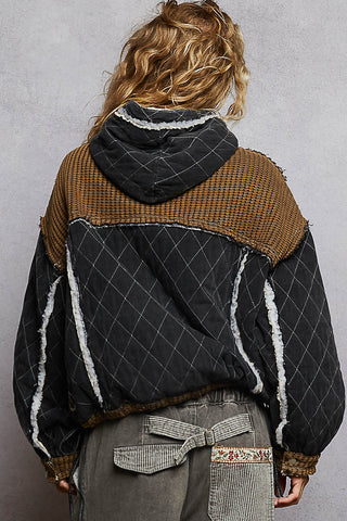 POL Vintage Washing Peace Quilted Woven Hoodie Top with Front Pocket