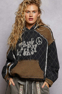 POL Vintage Washing Peace Quilted Woven Hoodie Top with Front Pocket