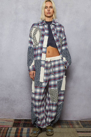 POL Textured Plaid Double Gauze Shirring Jogger Pants Blue Multi