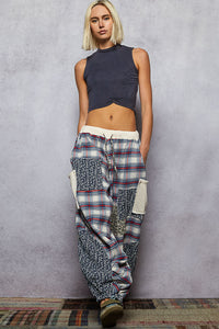 POL Textured Plaid Double Gauze Shirring Jogger Pants