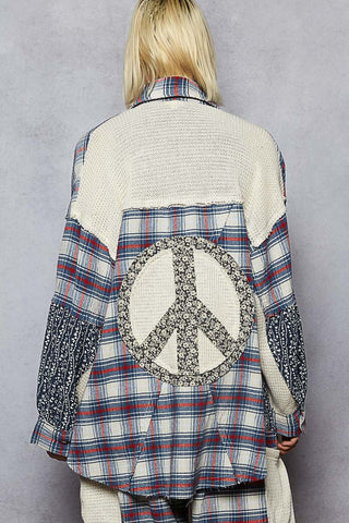 POL Vintage Washed Plaid Peace Patch Shirt Top