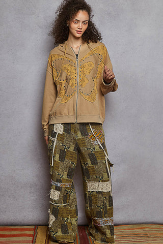 POL French Terry Stud Detail Floral Pattern Hoodie Knit Jacket
