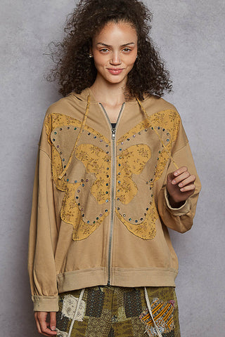 POL French Terry Stud Detail Floral Pattern Hoodie Knit Jacket