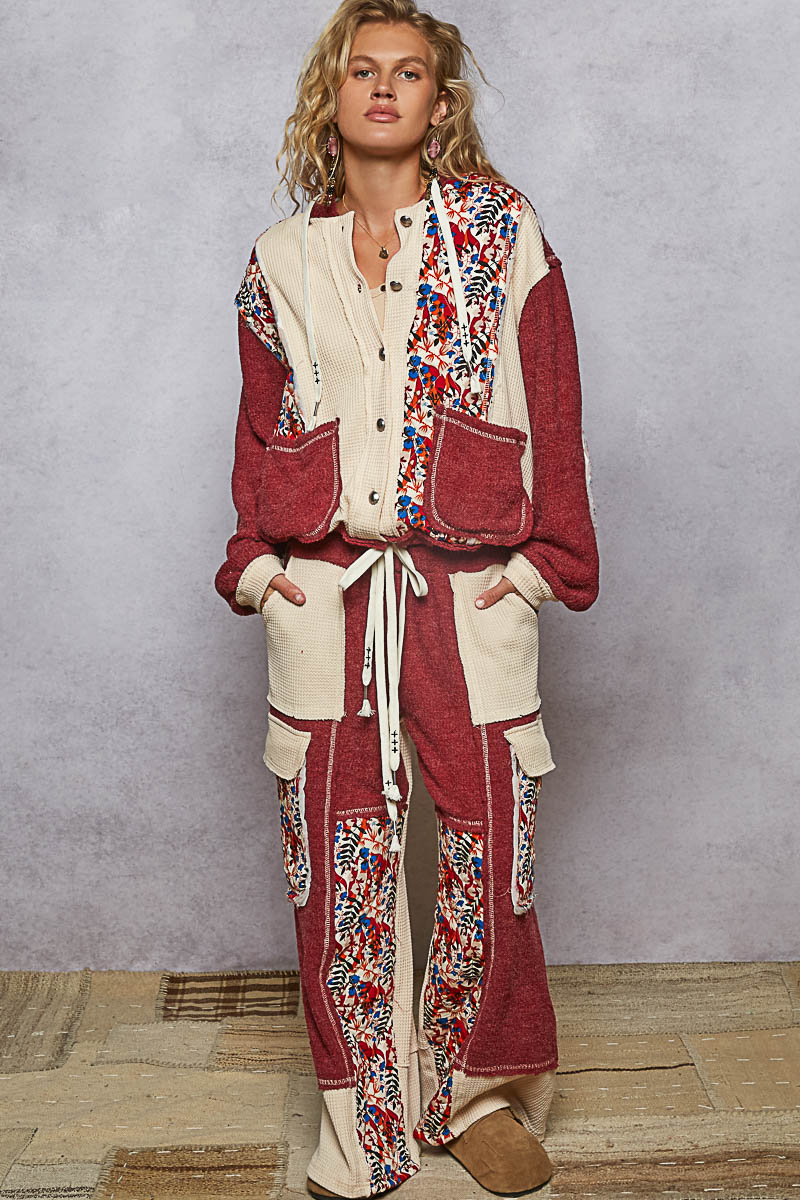 POL Balloon Sleeve Quilted Detail Floral Knit Hoodie Jacket