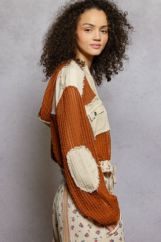 POL Open Knit Button Down Pocket Front Hooded Shirt