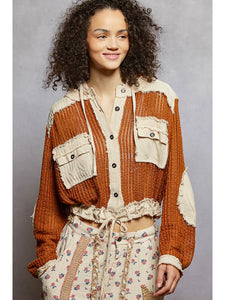 POL Open Knit Button Down Pocket Front Hooded Shirt