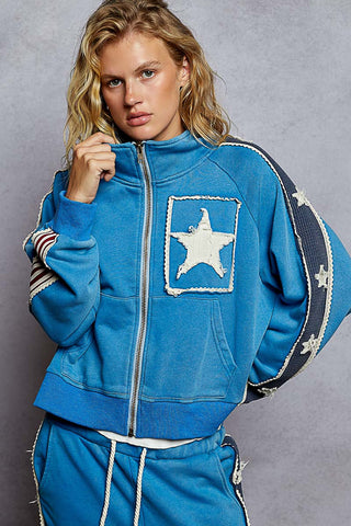 POL Long Sleeve French Terry Star Patch Striped Elastic Jacket Blue