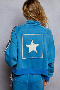 POL Long Sleeve French Terry Star Patch Striped Elastic Jacket