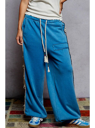 POL French Terry Striped Patch Trim Star Patch Knit Pants BLue