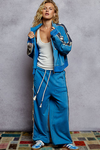 POL French Terry Striped Patch Trim Star Patch Knit Pants BLue