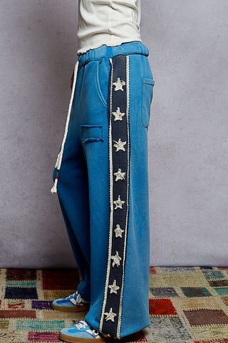 POL French Terry Striped Patch Trim Star Patch Knit Pants BLue