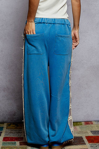 POL French Terry Striped Patch Trim Star Patch Knit Pants BLue