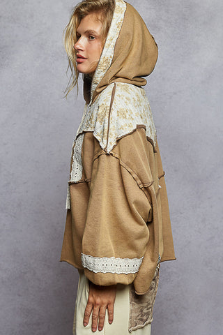 POL French Terry Gauze Print Patch Trim Hoodie Knit Top - Cocoa
