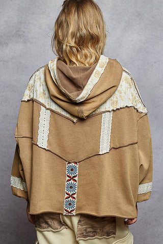 POL French Terry Gauze Print Patch Trim Hoodie Knit Top - Cocoa