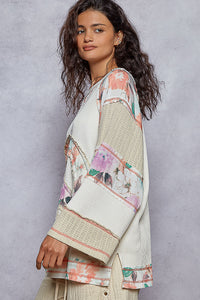 POL Round Neck Printed Peace Patch Overlock Stitch Knit Top