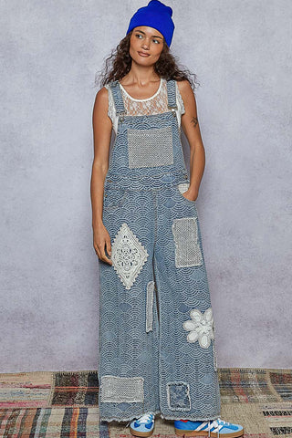 POL Crochet Contrast Patch Woven Overalls
