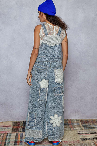 POL Crochet Contrast Patch Woven Overalls
