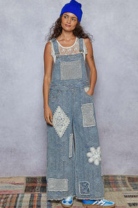 POL Crochet Contrast Patch Woven Overalls