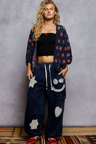 POL Floral Contrast Crochet Cardigan Top - Navy/Rouge