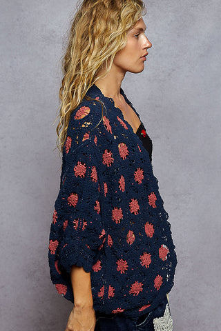 POL Floral Contrast Crochet Cardigan Top - Navy/Rouge