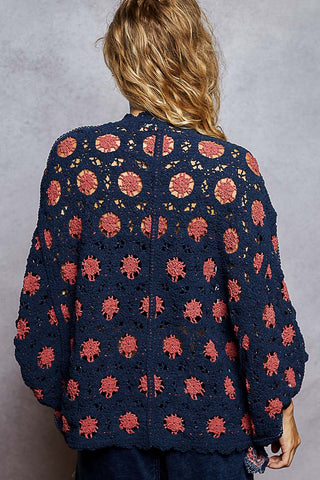 POL Floral Contrast Crochet Cardigan Top - Navy/Rouge
