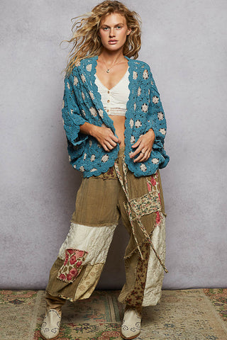 POL Floral Contrast Crochet Cardigan Top - Teal Blue/Cream